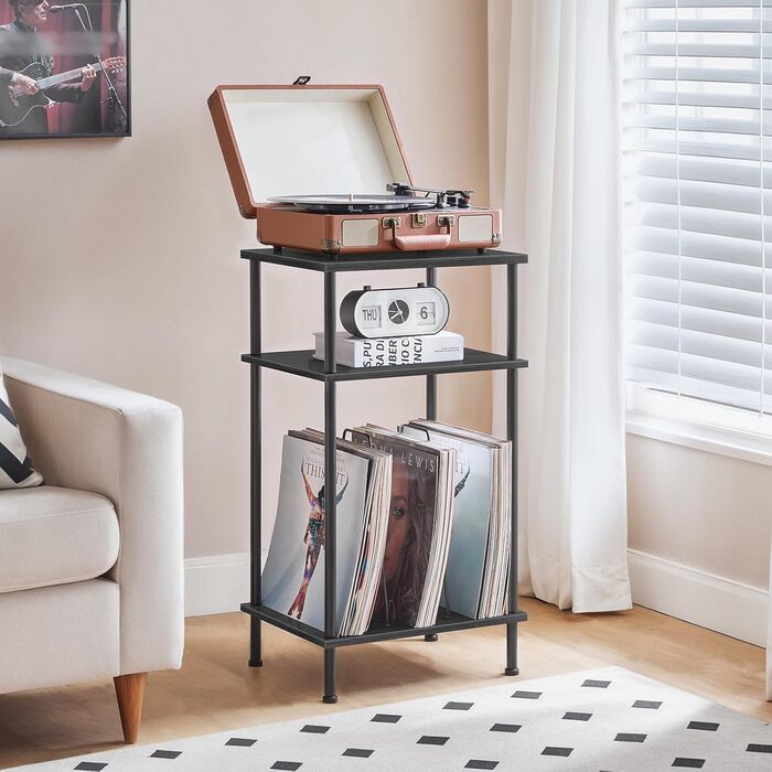 HOOBRO Підставка для програвача, 3-рівнева, приставний столик, органайзер для платівок, CD та альбомів, вінтажний коричневий та чорний (Чорний)