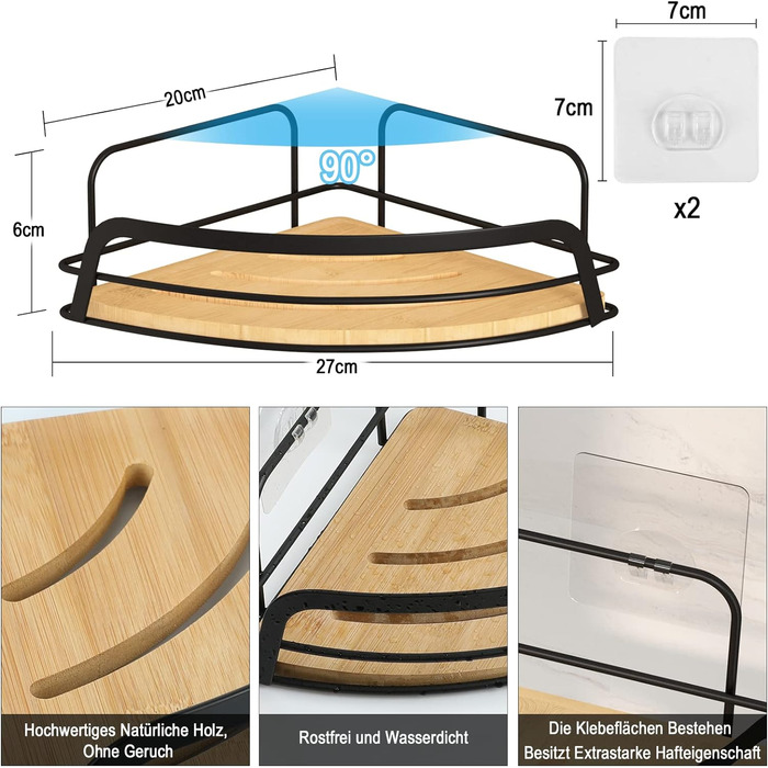Душова полиця кутова без свердління, Душова полиця Чорна самоклеящаяста бамбукова кутова полиця, Душовий кошик Полиця для ванної кімнати Кронштейн для шампуню з нержавіючої сталі для ванної кімнати Кухня, нержавіюча сталь