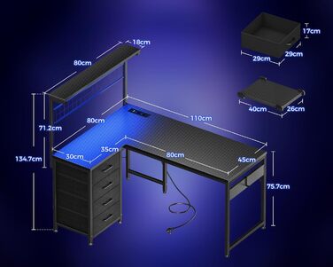 Ігровий стіл Coleshome з LED-підсвічуванням 110x80 см, з ящиками та розетками, з полицею, чорний, карбон