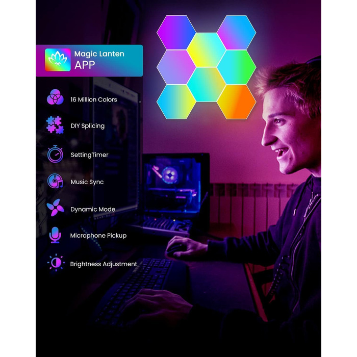 Смарт LED панелі Hexagon RGB, 8 шт. – настінне декоративне підсвічування для кімнати та геймерської зони, музична синхронізація