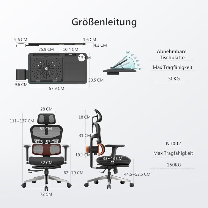 Офісне крісло Newtral Ergonomic, комп'ютерне крісло з регульованою підголівником та підлокітниками (чорний, NT002) + знімна стільниця