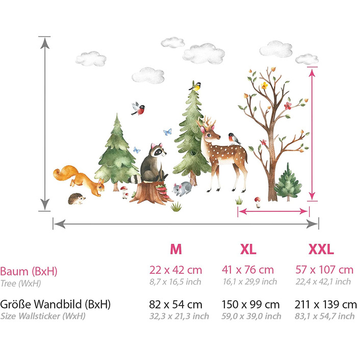 Набір настінних наклейок Grandora XXL із зображенням лісових тварин, наклейка на стіну для дитячої кімнати, DL796-2 (XXL-211 x 139 см (ШхВ))