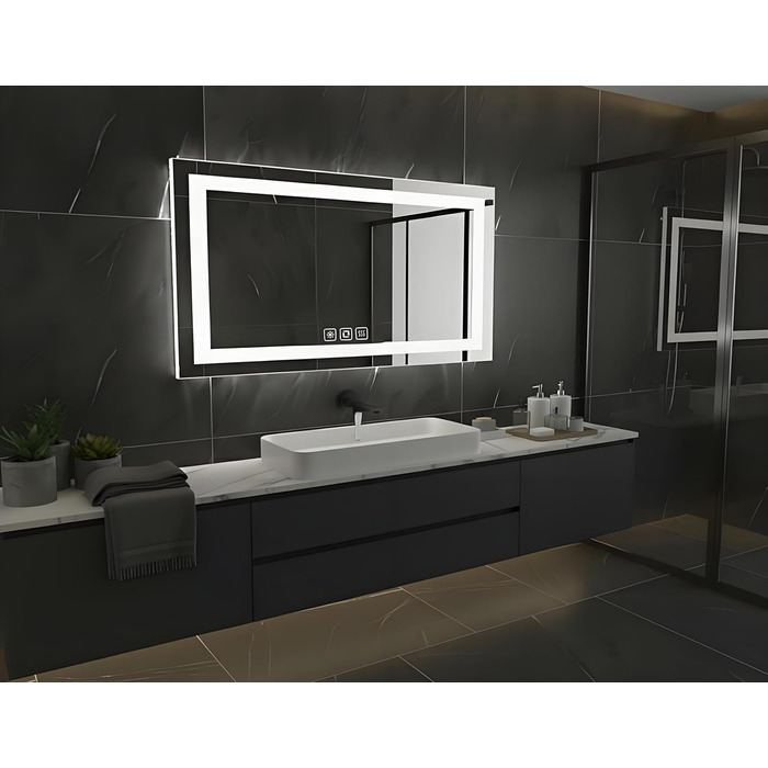 Дзеркало для ванної кімнати Luminorcrest з підсвічуванням, прямокутне 60 x 80 см, LED, 3 кольори, диммування, сенсорне управління, антизапар, CRI90+, загартоване скло, бічне та заднє підсвічування