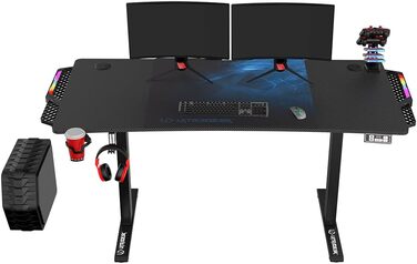 ULTRADESK Стіл для роботи Level V2 - Регульована висота, 140x68 см, з підсвіткою, для геймінгу, офісу, дому - з XL-килимком для миші (Синій)