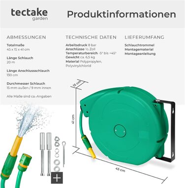 Шланговий барабан Tectake® настінний, 1/2 дюйма, 10м, з автозмотуванням, для саду та городу, водяний шланг, котушка для шланга, розпилювач