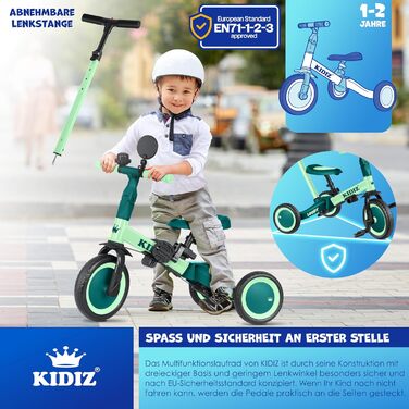 Біговел-триколіс KIDIZ 6-в-1 для дітей 1-5 років до 25 кг, з ручкою, захисним бампером, ременем безпеки, дзвінком та дзеркалом (зелений)