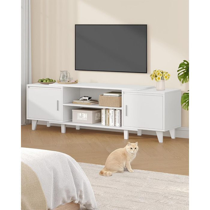 Тумба під TV, ТВ-тумба, для телевізорів до 60 дюймів, ТВ-стійка з 2 шухлядами та 2 відкритими полицями, 40 x 140 x 51,5 см, для вітальні, спальні, їдальні, біла TV16703E