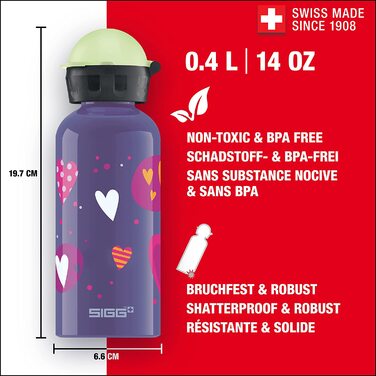 Дитяча пляшка для пиття SIGG Glow (0,4 л), Дитяча пляшка для пиття SIGG Glow з герметичною кришкою, алюмінієва легка пляшка для пиття Glow Heartballoons (Повітряні кулі Glow Heartballoons), що не містить забруднюючих речовин, з герметичною кришкою.