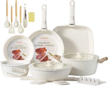 Набір каструль та сковорідок з керамічним покриттям 23 частини. Антипригарне покриття, знімні ручки, підходить для всіх плит, духовка, без PFAS, PTFE, PFOA. Кремово-білий колір.