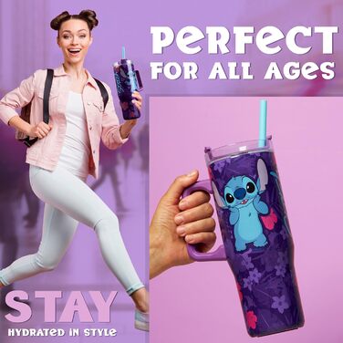 Термокружка Disney Stitch об'ємом 940 мл з ручкою, кришкою та трубочкою, двостінна ізольована, підтримує 17 годин холодну температуру, 8 годин теплу та 45 годин замороженість
