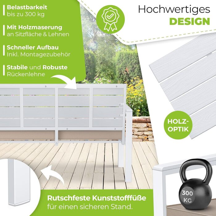 Кесер® Садова лавка з подушками – вулична лавка, стійка до погодних умов, 2 місця, паркова лавка з дизайном під дерево, для балкону, саду, тераси, вантажопідйомність до 300 кг, стійка до УФ-випромінювання, знімний та пральний чохол для подушки (білий / бі