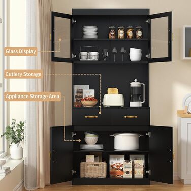 Кухонна шафа VOWNER з робочою поверхнею, буфет на кухню з 4 шафами, вітрина, буфет з регульованими полицями, 80 x 40 x 180 см, для кухні, вітальні, офісу, їдальні (білий) (чорний)