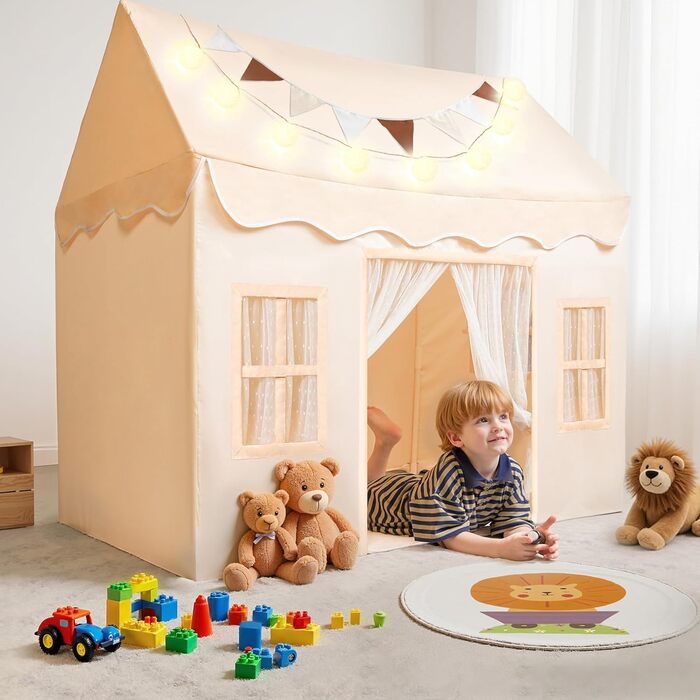 Дитячий намет SYNCFUN з килимком та світлом для гри в приміщенні. Ігровий будиночок для дівчаток 3-13 років (Бежевий).