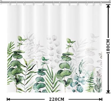 Штора для душу 180x220 см, антигрибкова, з тропічним дизайном (зелені пальмові листя, евкаліпт, гриби), водонепроникна, поліестер, для ванної кімнати, з 12 гачками