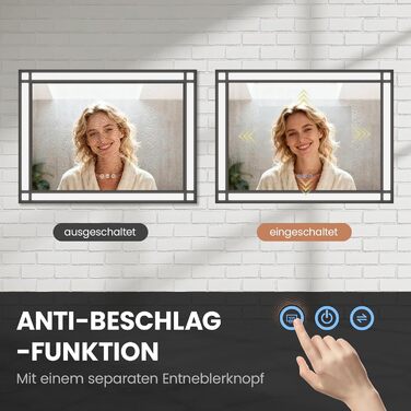 Дзеркало для ванної кімнати AQUABATOS LED з підсвічуванням 50x70 см, імітація вікна, сенсорне регулювання, регулювання яскравості, холодний білий, протизапотівання, чорний алюмінієвий каркас, декор у індустріальному стилі