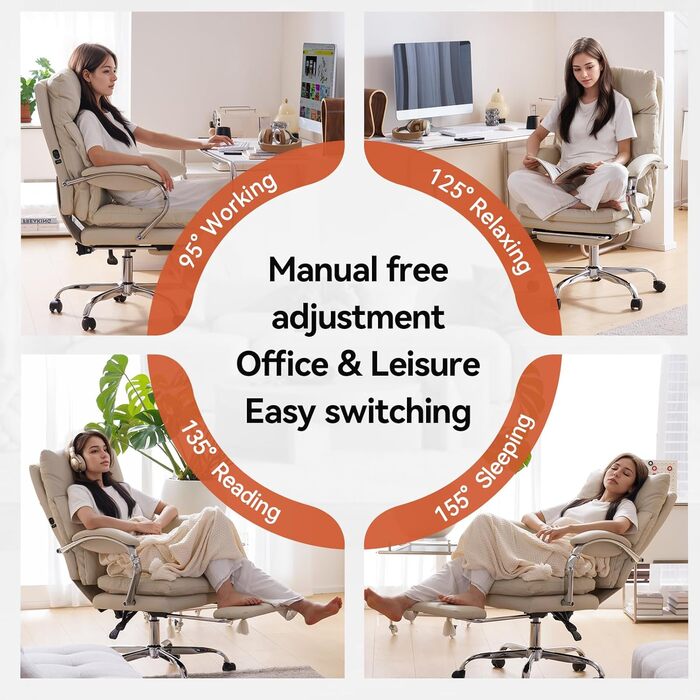 Крісло офісне EMIAH з підніжкою, комфортне крісло для роботи з підлокітниками, ергономічний крісло для начальника з PU шкіри та роликами, ігрове крісло з потовщеною подушкою, без функції масажу (Бежевий)