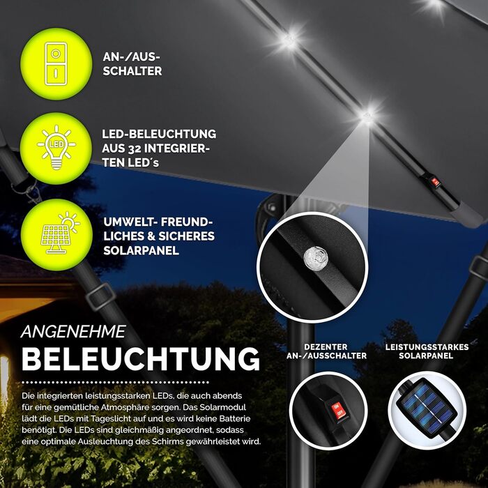 Садова парасолька Tillvex Alu 300 см з LED-підсвіткою, сонячною панеллю, ручкою та стійкою, антрацит — водонепроникна парасолька від сонця з захистом від UV та вітру