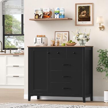 Сайдборд HOCSOK: кухонна шафа з 5 шухлядами та 1 дверцятами, буфет з робочою поверхнею, колір білий+коричневий