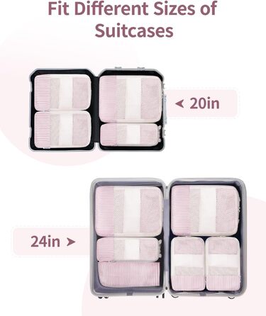 Набір органайзерів для валізи та рюкзака Narwey, 6 шт, компресійні пакувальні куби для подорожей (Рожеві смужки)