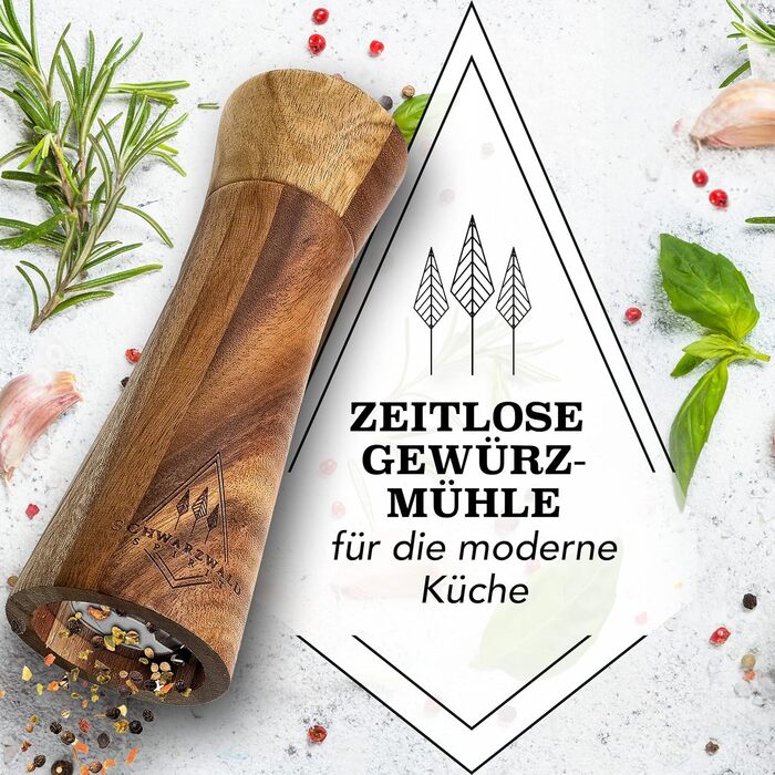 Набір з 2-х дерев'яних мельниць для солі та перцю (21 см) з керамічним механізмом - з пензликом для чищення та рецептами, кухонні аксесуари, подарунок