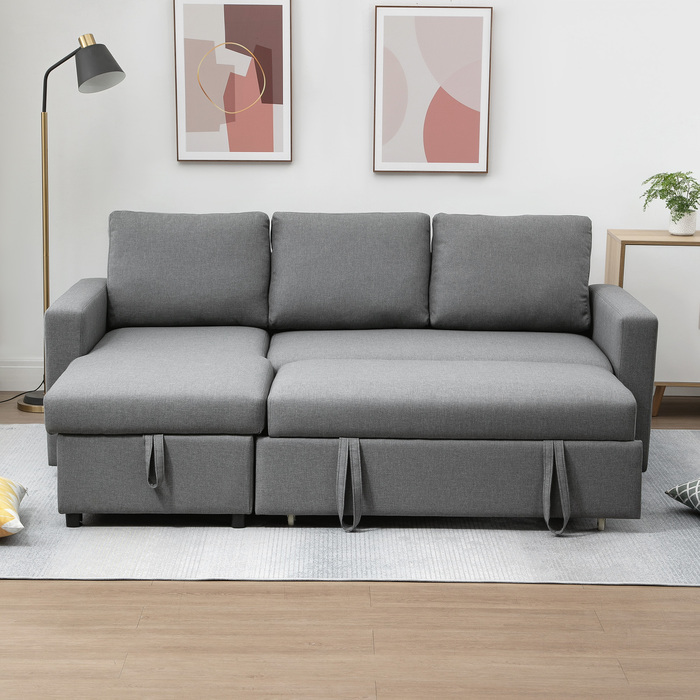 HOMCOM Кутовий диван з механізмом трансформації та ящиком для зберігання. Кутовий диван-ліжко з відкидною спинкою, кутовий диван з лежаком, тканинний диван у формі 'L', з текстурою льону, світло-сірий, розміри 211,5 x 146 x 85 см.