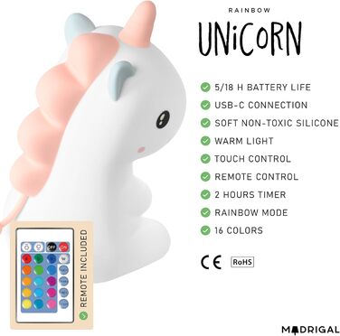 Нічник Unicorn - акумулятор USB-C, дистанційне керування, затемнення, таймер - рожева грива