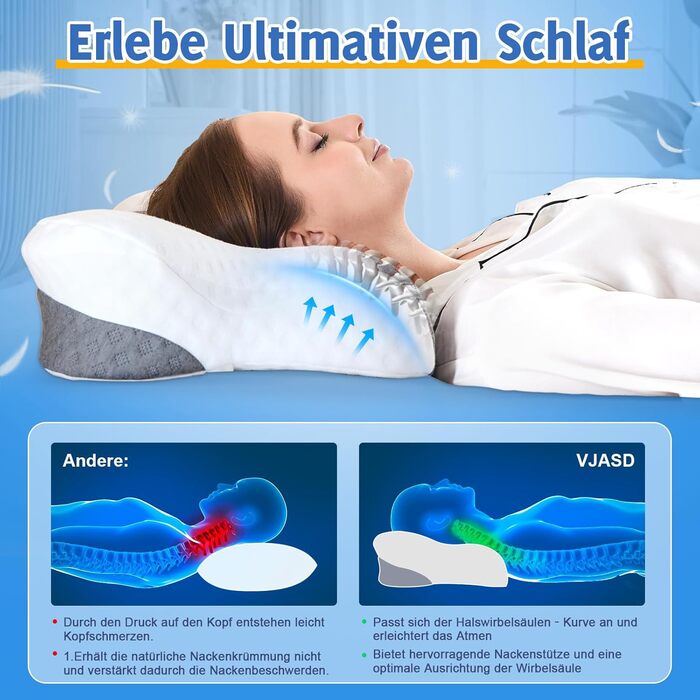 Ортопедична подушка для шиї з Memory Foam - ергономічна подушка для голови проти болю в шиї, регульована за висотою для тих, хто спить на боці, з дихаючим чохлом для здорового сну, білий, 60 x 35 см