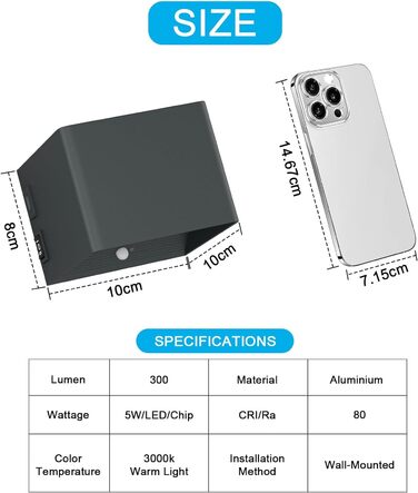 Світлодіодний настінний світильник Aipsun 5500mAh з детектором руху, 3000K, 5W, бездротовий, перемикач, антрацит