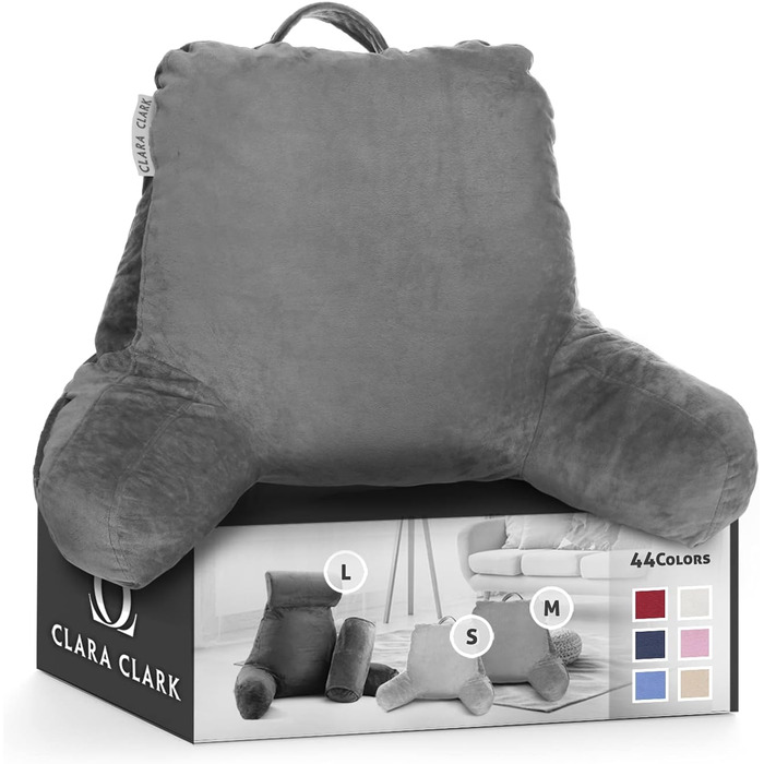 Подушка для читання Clara Clark з підлокітниками для дітей та дорослих – преміум подушка з піною з пам'яті для перегляду телевізора та сидіння в ліжку – сіра, середнього розміру