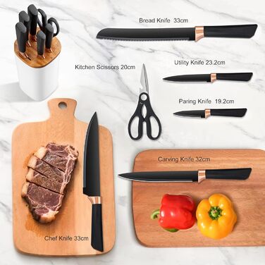 Набір ножів Makfoner 6 шт. з знімним бруском: кухонні ножі Сантоку, для хліба, кухонні, для чищення, універсальні, ножиці, з нержавіючої сталі, білий