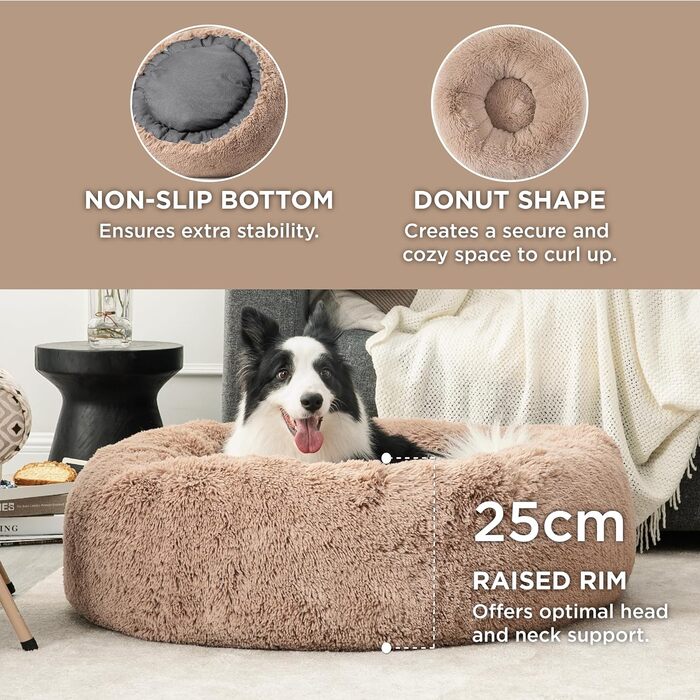 Лежак для собак Bedsure Donut XXL - Ø 115 см, пухнастий, миється (Д 91 х Ш 91 х В 25 см, верблюд)