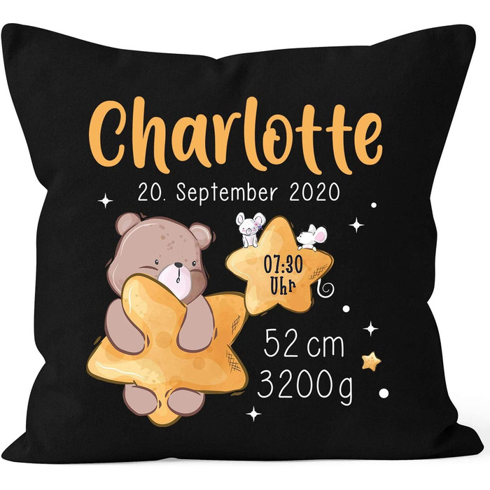 Персоналізована подушка-подушка для новонароджених ведмідь місяць і зірка, іменна подушка білий (40 см х 40 см, ведмідь Зірка Чорний)