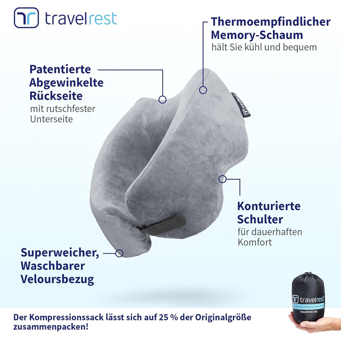 Подушка для шиї Travelrest Nest з Memory Foam - підтримка шиї для подорожей, літаків, довгих поїздок. Ідеально для дорослих, комфорт, знімний чохол - сіра