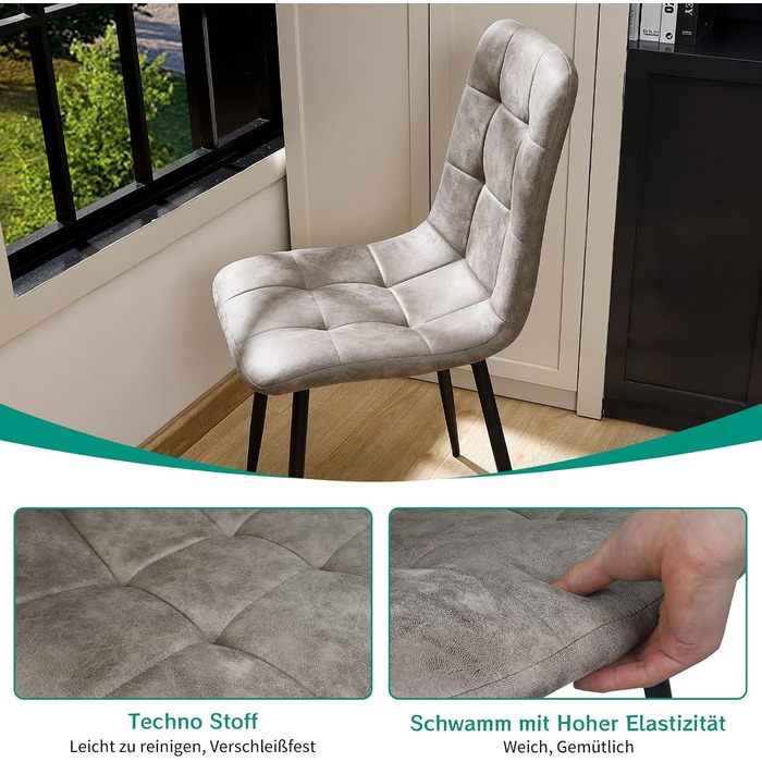 Набір обідніх стільців Techno, тканинні кухонні стільці, м'які стільці з чорними металевими ніжками, для їдальні, зони очікування та вітальні (4 шт., хакі-сірий)