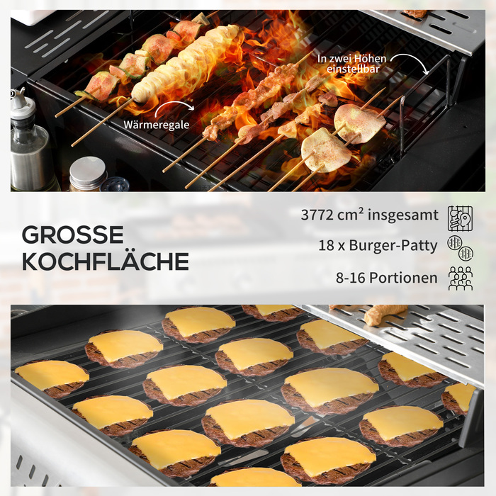 Outsunny Grillwagen Gasgrill з 2+1 пальником, термометром, 3 кВт вугільним грилем з полицею, бічною підставкою, гачками, гриль для кемпінгу зі шлангом для саду, балкону, чорний | Aosom