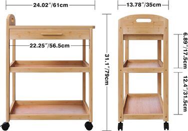 Кухонний острівний візок на колесах, бамбуковий 3-рівневий стелаж зі стільницею з масиву дерева та коліщатками, що замикаються
