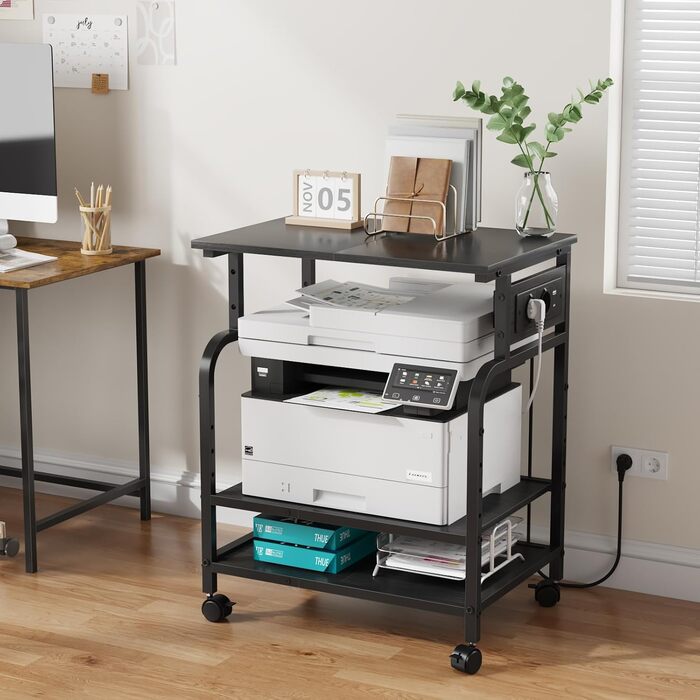 Трирівневий стіл для принтера з розеткою та USB-портами, регульовані полиці, роликовий стійка для принтера для дому/офісу, 3D/лазерний принтер, термопрес (Чорний) Чорний 60 см