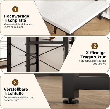 Комп'ютерний стіл L-подібний Devoko з 4 ящиками з тканини, 2 розетками та 2 USB-портами, для дому та офісу, ігор, білий, 140x80 см