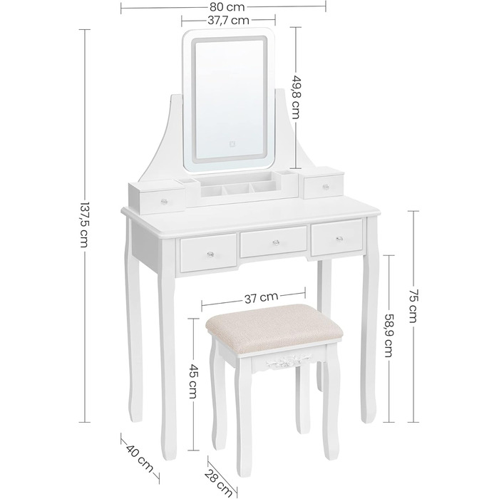 Туалетний столик VASAGLE, LED підсвічування, обертове дзеркало, табурет, 5 ящиків, органайзер для макіяжу, білий