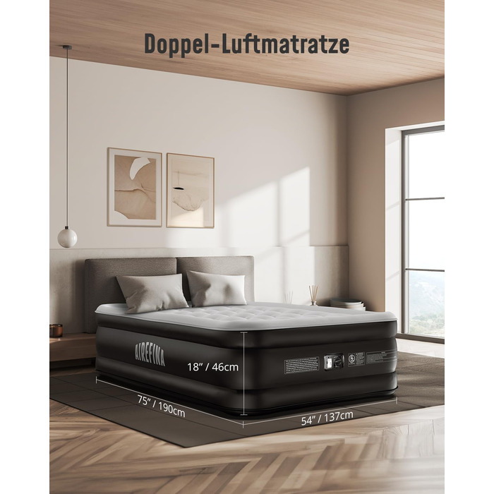 Надувне ліжко Airefina з самонадувною функцією та вбудованим насосом. Розмір 203x152x46 см (подвійне). Для кемпінгу та дому. Міцне гостьове ліжко.