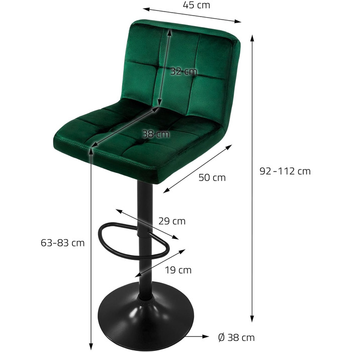 Набір ML-Design з 2 барних стільців, оксамитовий зелений, регульований по висоті, поворотний на 360, зі спинкою та підставкою для ніг