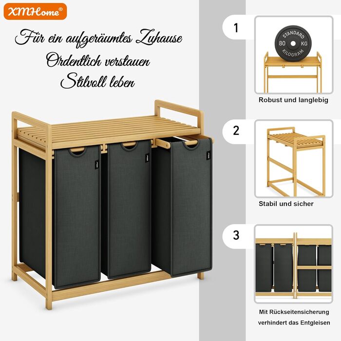 Бамбуковий сортувальник для білизни з 3 відділеннями, 148 літрів, 2 яруси, великий кошик для білизни з знімним мішком, прямокутна коробка для ванної, спальні та пральні, 77.5x41.3x100.5CM, Бежевий (Темно-сірий)