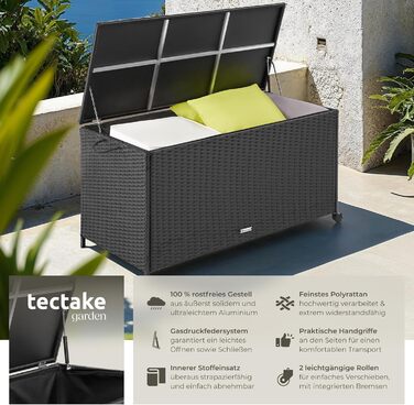 Скриня для саду Tectake з ротангу, чорна, 297л, водонепроникна, на колесах, для тераси та балкону 117x54x64 см