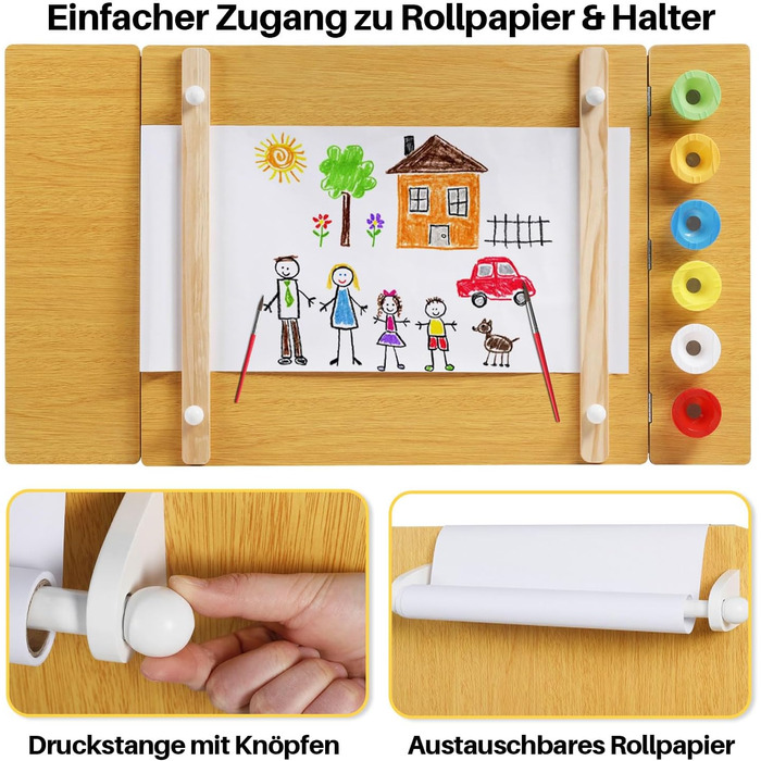 Дитячий стіл Kinder-Kunsttisch Set з 2 стільцями - дерев'яний набір для творчості для малюків з регульованою стільницею, відрами для пігментів та 8 тканинними ящиками для зберігання (Натуральний)