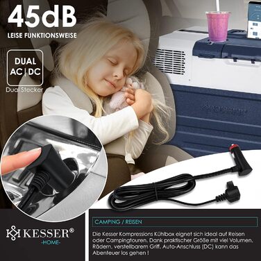 Автомобільний компресорний холодильник KESSER® 42л з Wi-Fi, 12/24/230V, до -20°C, з колесами та телескопічною ручкою для кемпінгу, фургону, вантажівки, човна + 2 акумулятори холоду (синій)