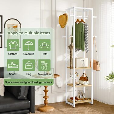 Підставка для одягу IBUYKE, вільного стояння, з 3 полицями та 8 гачками, індустріальний дизайн, для передпокою, коридору, спальні, 180 x 40 x 30 см, колір: натуральний та білий