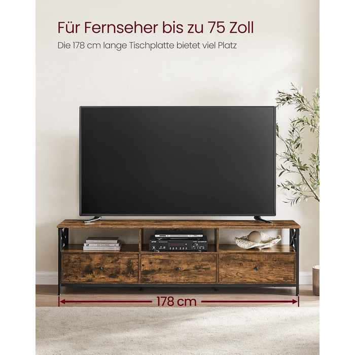 Тумба під телевізор VASAGLE до 80 дюймів, з 3 шухлядами та 3 полицями, 178x40x50 см, вінтажний коричнево-чорний, сталевий каркас