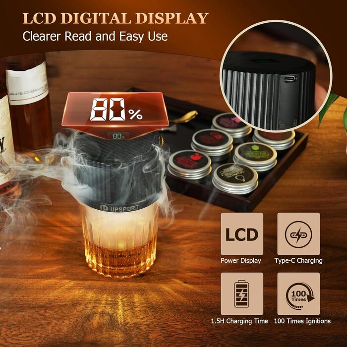 Електричний набір для копчення коктейлів з 4 режимами підсвічування, перезаряджуваний набір для диму з віскі, 6 дерев'яних стружок, без бутану, подарунок на Різдво/День народження для чоловіків, батьків, чоловіків FY01