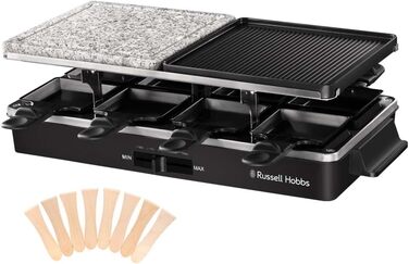 Ракуетниця Russell Hobbs Raclette Grill 8 осіб з 8 сковородами та дерев'яним шпателем, 2 грильні поверхні: з натурального каменю з жолобом для соку та антипригарне поворотне решітка/Teppanyaki, гриль для піци, 26280-56