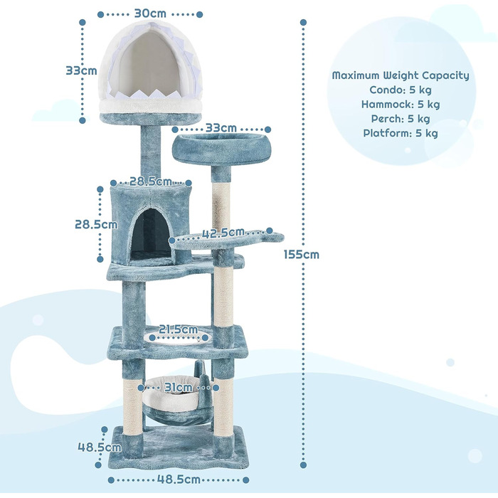 Кігтеточка для котів Yaheetech Sea Cat Tree 155 см, дизайн океану з котячою печерою у формі акулячої пащі Котяче ліжко Підвісний кошик платформа, стійке дерево для скелелазіння для котів, синьо-біле